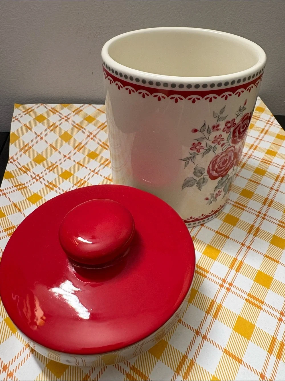 Cream Ceramic Canister with Red Floral Design